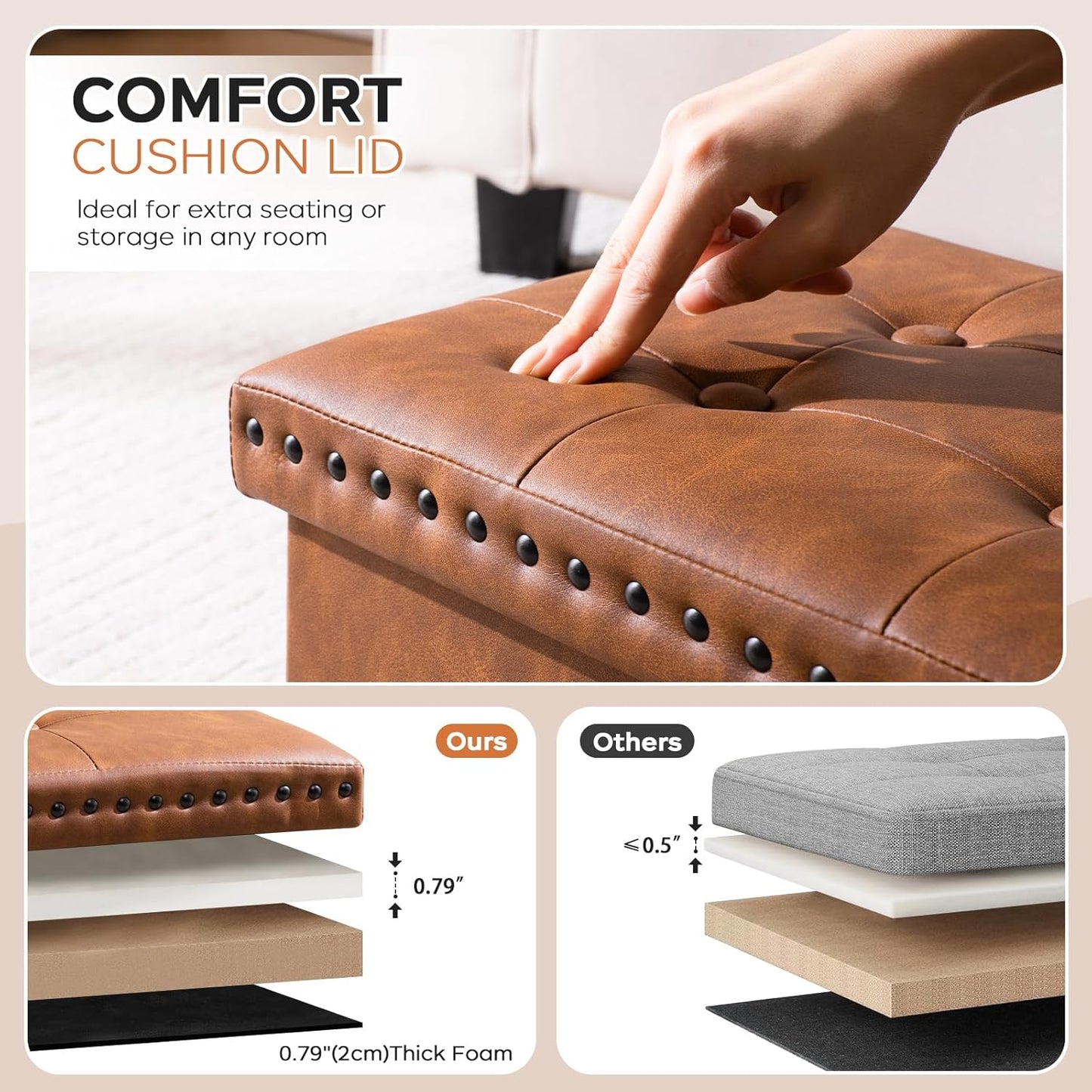 Folding Storage Ottoman 16In, Small Faux Leather Foot Rest Stool with Button Tufted Rivet Design, Footstool Bench, Ottoman with Storage for Living Room Bedroom Coffee Table 242 Lbs, Brown
