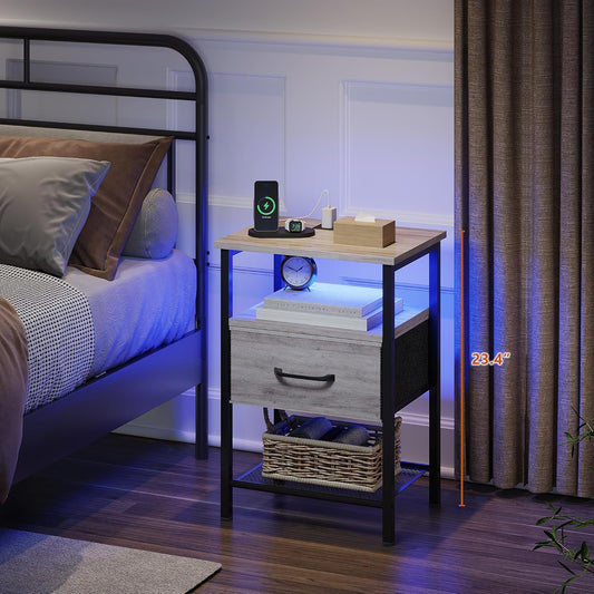 Night Stand Set 2, End Table with Charging Station, LED Bedside Table with Fabric Drawer for Bedroom, 3-Tier Side Table with Open Shelf, Greige
