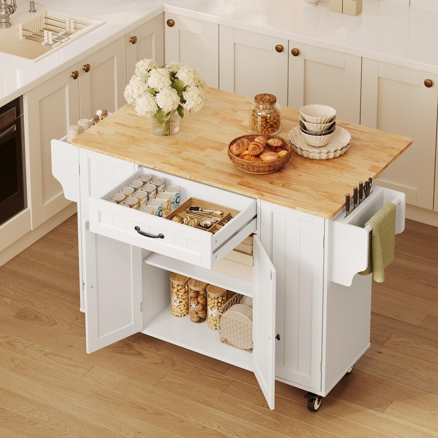 Kitchen Island with Storage, 47.6" Rolling Kitchen Island on Wheels with Drop Leaf, Door Cabinet, Drawer, Spice Rack, Towel Rack and Knife Holder, Kitchen Cart Island Table for Kitchen, White