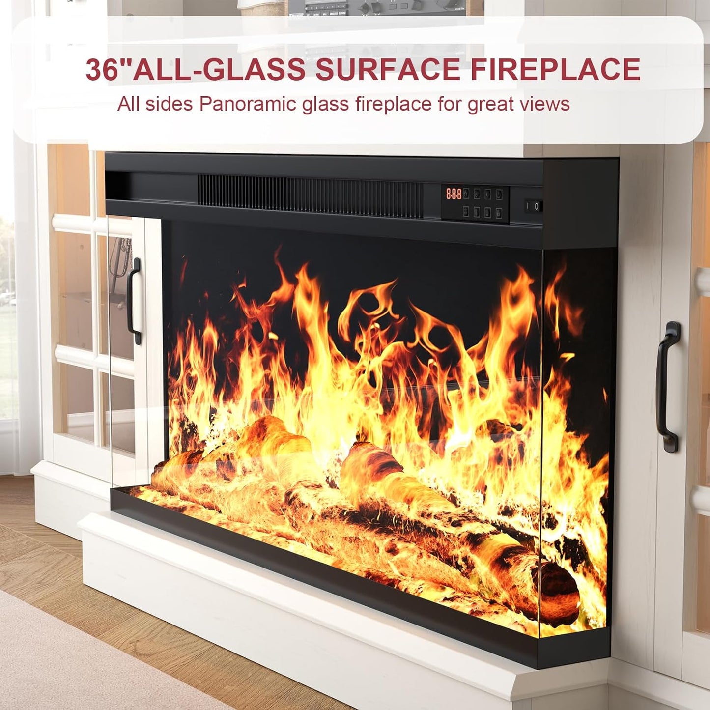 70" Fireplace TV Stand with 3-Sided Glass Fireplace, Modern Wood Entertainment Center with LED Lights and Glass Door, 36" Fire Place TV Stands for Living Room, White