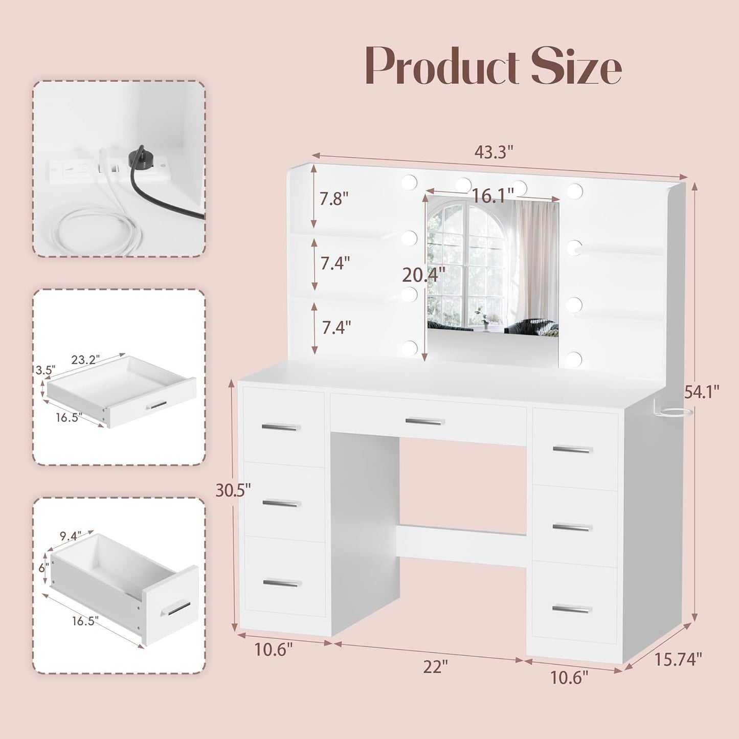 Vanity Desk with Mirror, Power Outlet and 10 Lights, Makeup Table with 7 Drawers, 3 Color Modes Available for Bedroom, Light White