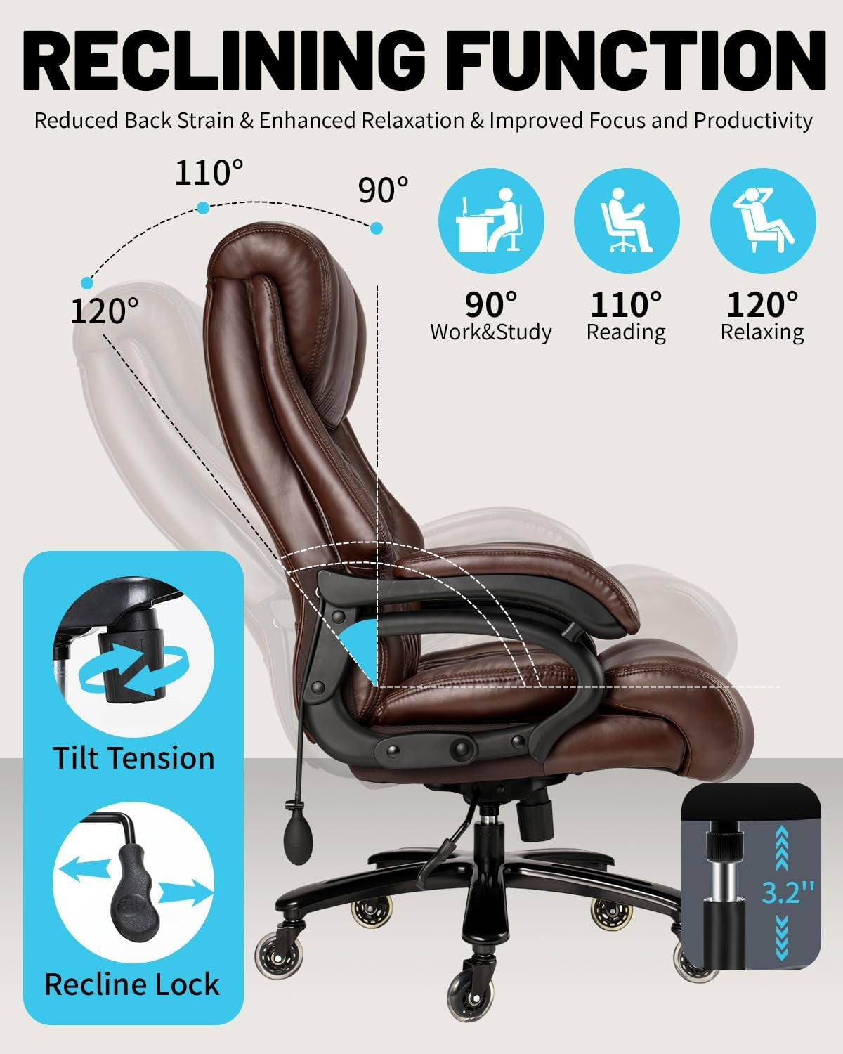 800Lbs Executive Office Chairs, Big and Tall Desk Chair with Adjustable Lumbar Support, Office Chair for Heavy People, Leather Computer Chair with Quiet Rubber Wheel and Extra Wide Seat