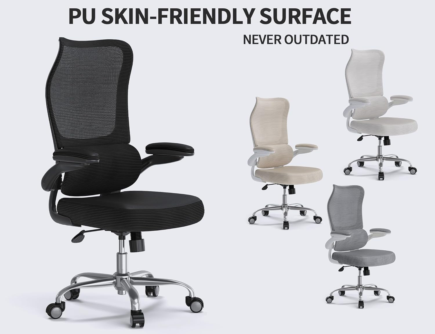 Ergonomic Office Chair - Desk Chair with Wave High Back Adjustable Lumbar Support Computer Chair - Gaming Chairs Mesh Backrest and PU Leather Seat for Home Reading Chairs to Adults(Black)