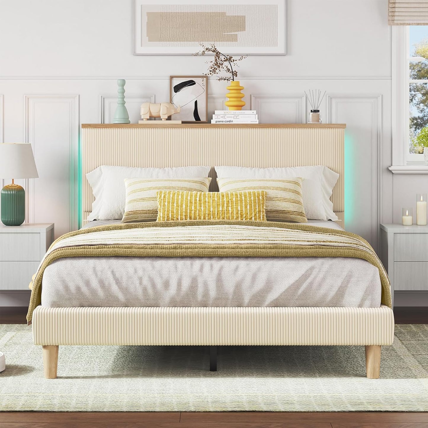 Queen Bed Frame with Adjustable Headboard & Ledlighting, Corduroy Upholstered Platform Bed Frame Withstorage Shelf, Solid Wood Slats, No Box Spring Needed,Never Squeak, Easy Assembly, Beige
