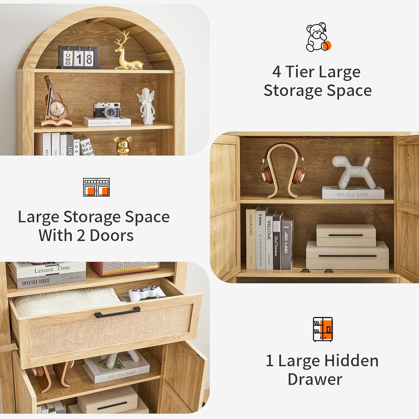 81" Tall Arched Bookcase, Arch Bookshelf with Doors Storage and Drawer, Modern Farmhouse Book Shelf with Adjustable Shelves, Wood Bookshelf W/Open Display for Living Room, Office Decor (Natural)
