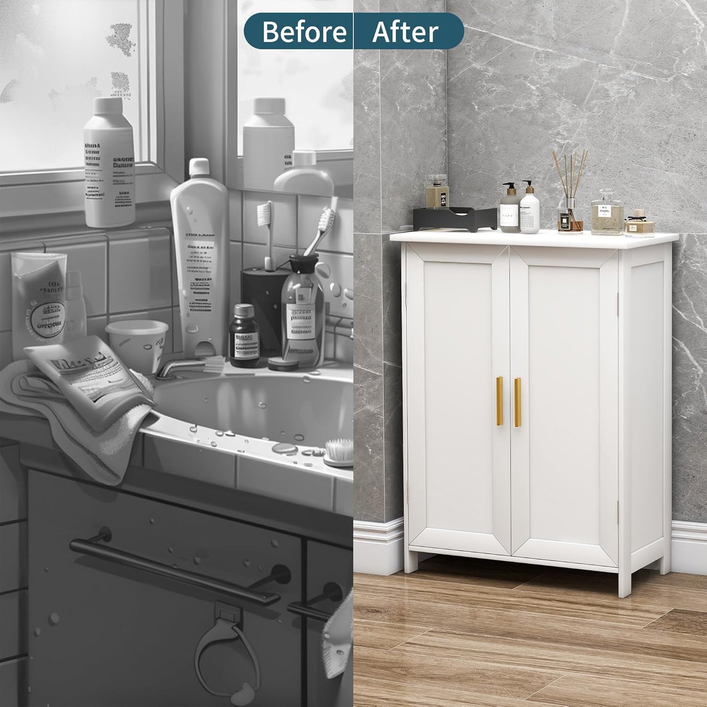 Bathroom Storage Floor Cabinet Freestanding Organizer with Adjustable Shelves for Bathroom Bedroom Laundry Room,4 Doors