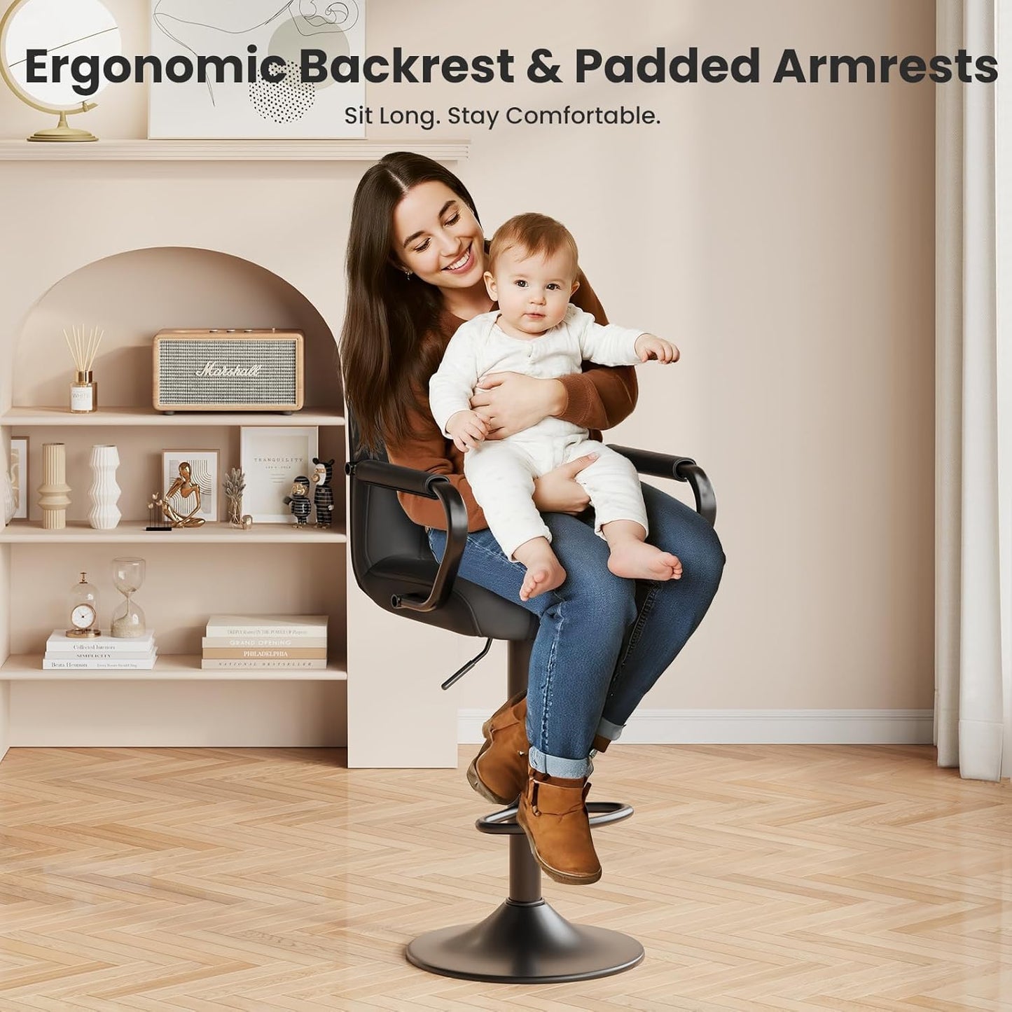 Set of 2 Modern Bar Stools with Backs - Adjustable High Chairs for Kitchen Island, Barstools for Home Bar, Island Stools, Sillas Altas Para Barra De Cocina, Black PU Leather