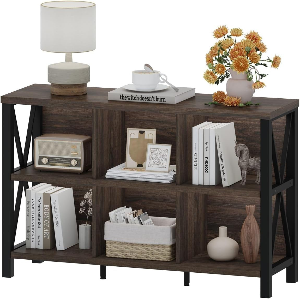 Dark walnut 6 cube horizontal storage organizer bookshelf, view 8
