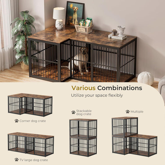 43'' XL Dog Crate Furniture with 3 Doors, Wooden Crate Combination Pet Cage, Heavy Duty Indoor Kennel for Medium to Large Dogs, Brown