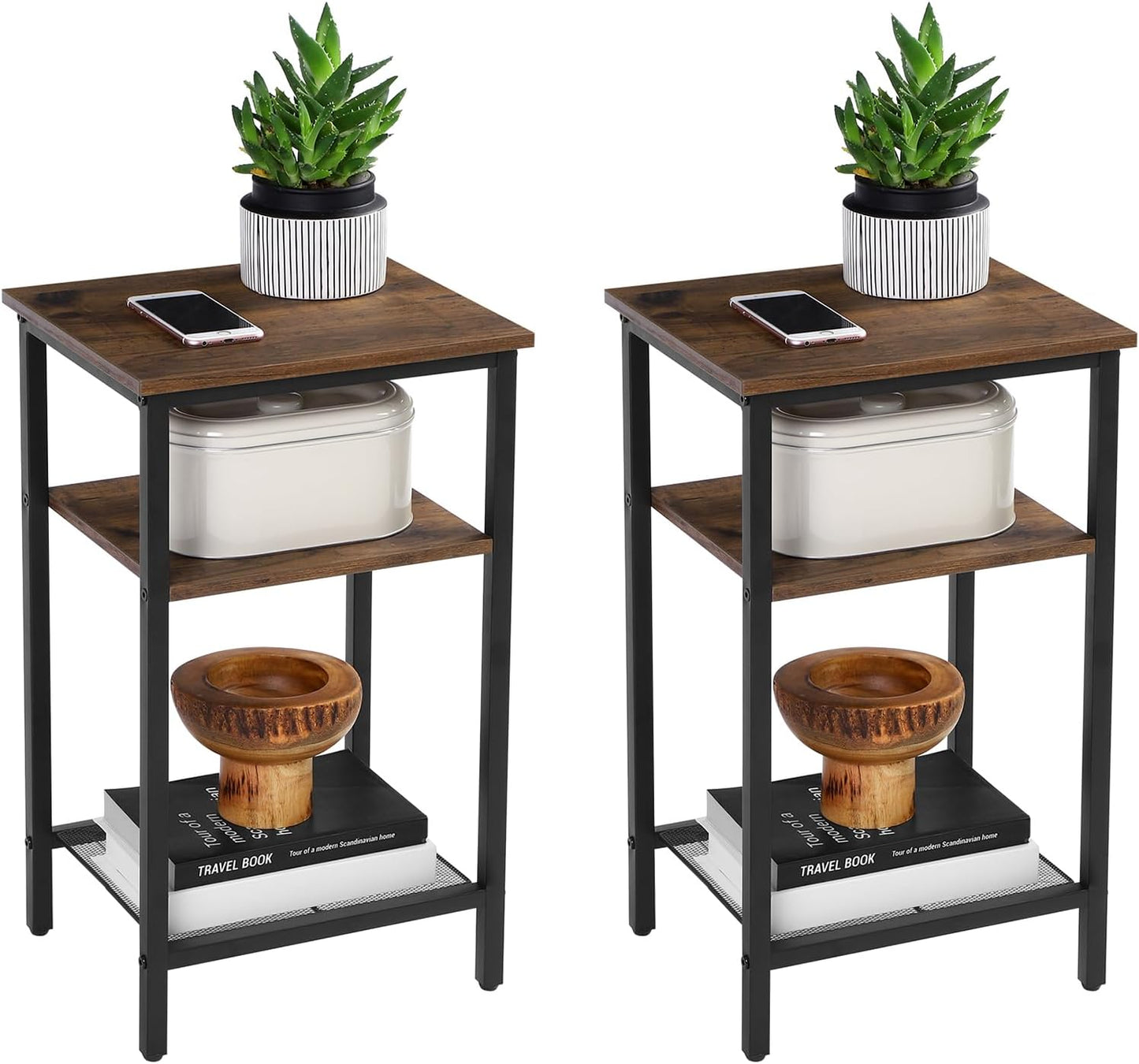 End Table Set of 2, 3-Tier Nightstands, Side Table for Small Space in Living Room, Bedroom, Steel Frame, Easy Assembly, 2-Pack, Chestnut Brown