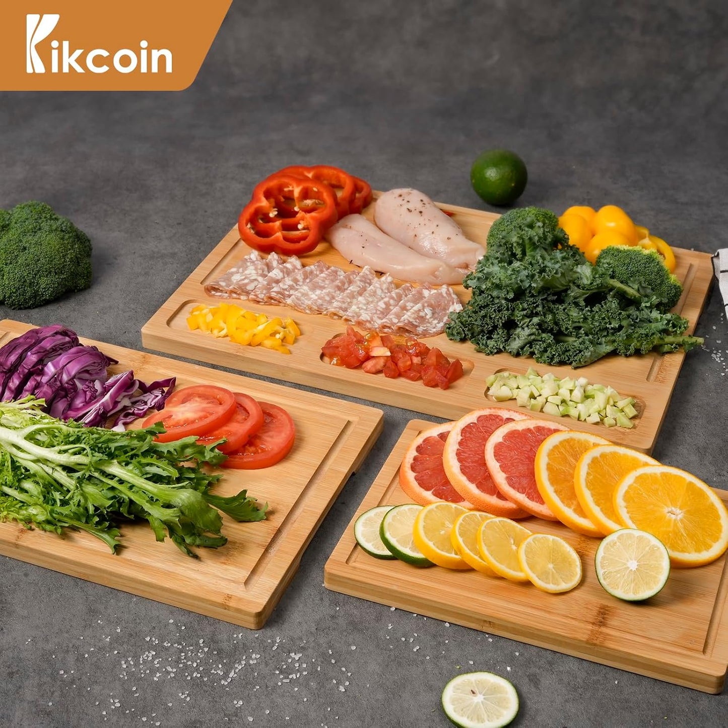 Bamboo Cutting Boards for Kitchen, (Set of 3) Kitchen Chopping Board with 3 Built-In Compartments and Juice Groove Heavy Duty Serving Tray Wood Butcher Block and Wooden Carving Board,