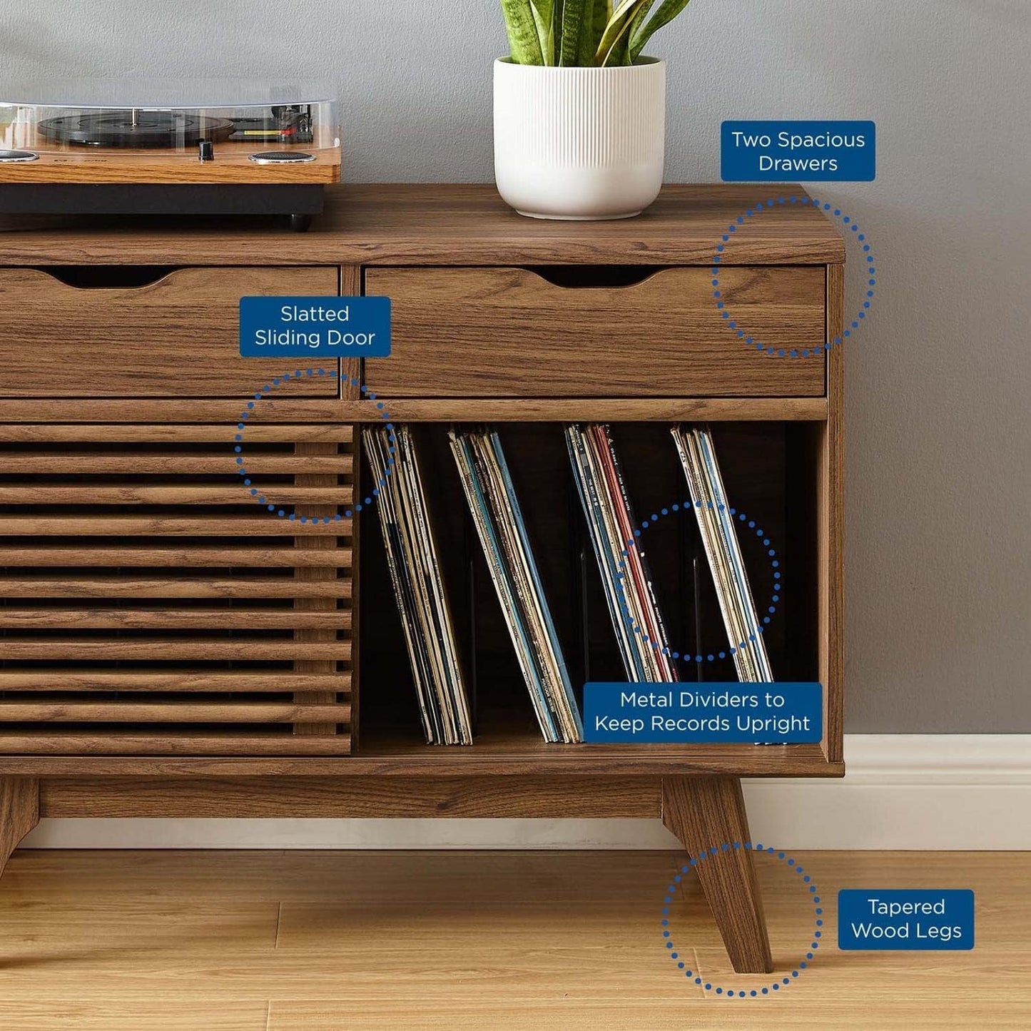 Render Mid-Century Modern Vinyl Record Storage Display Cabinet, 37 Inch, Walnut