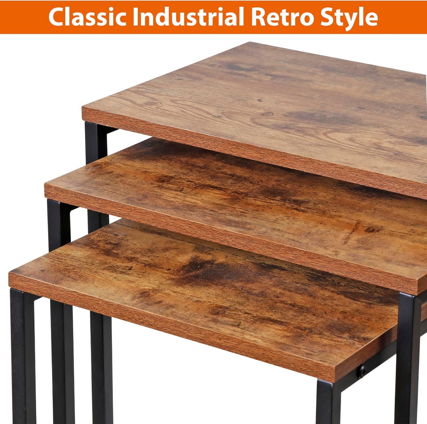 Nesting Tables Set of 3, Industrial C Shaped End Table Stackable Coffee Table Heavy Duty Metal Frame for Small Space, Living Room, Bedroom, Side Table Tray for Laptop Snack, Rustic Brown