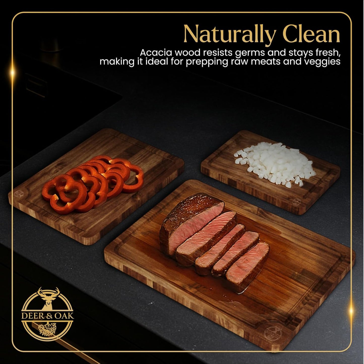 Pre-Oiled, Non Toxic 3-Piece Acacia Cutting Board Set with Stand, FSC Certified Wooden Chopping Boards with Juice Grooves for Meat. 3 Size Wood Carving Boards for Home & BBQ Kitchens by