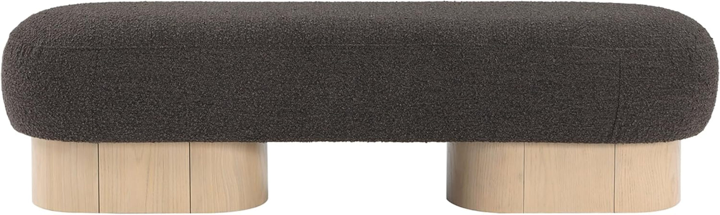 22001Brown Robertson Collection Art Deco Bench with Luxurious Brown Boucle Fabric and Rich Natural Oak Finish, 60.5" W X 18" D X 16" H, Brown