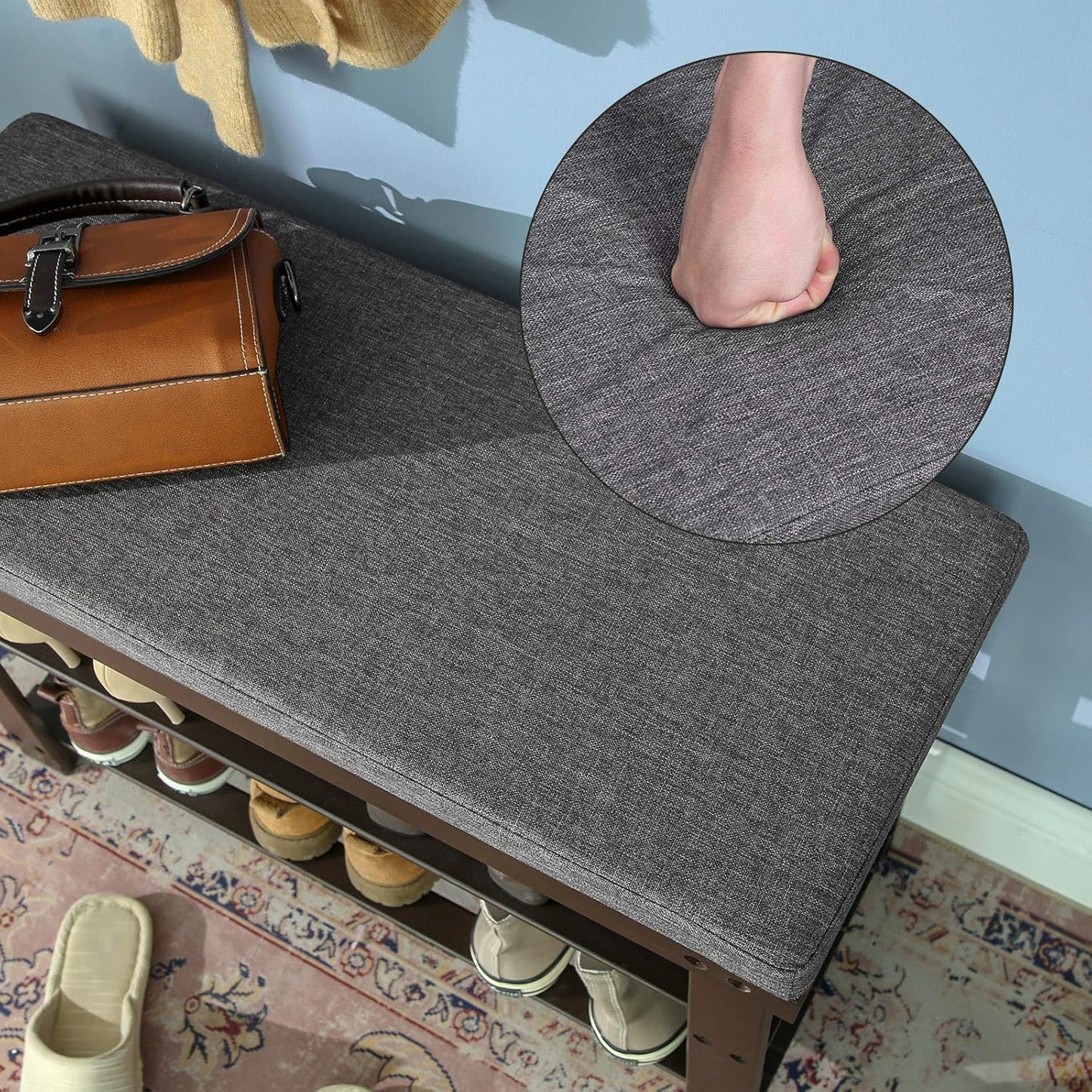 Bamboo Shoe Bench, 3-Tier Shoe Rack Organizer for Entryway, Living Room, Bench Seat Holds up to 300 Lb, 11.9 X 28.3 X 19.2 Inches, Rustic Walnut and Slate Gray ULBS604CG