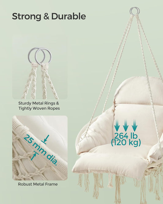 Hanging Chair, Hammock Chair with Large, Thick Cushion, Boho Swing Chair for Bedroom, Patio, Balcony, Garden, Holds up to 264 Lb, Accessories Included, Cream White UGDC042M01