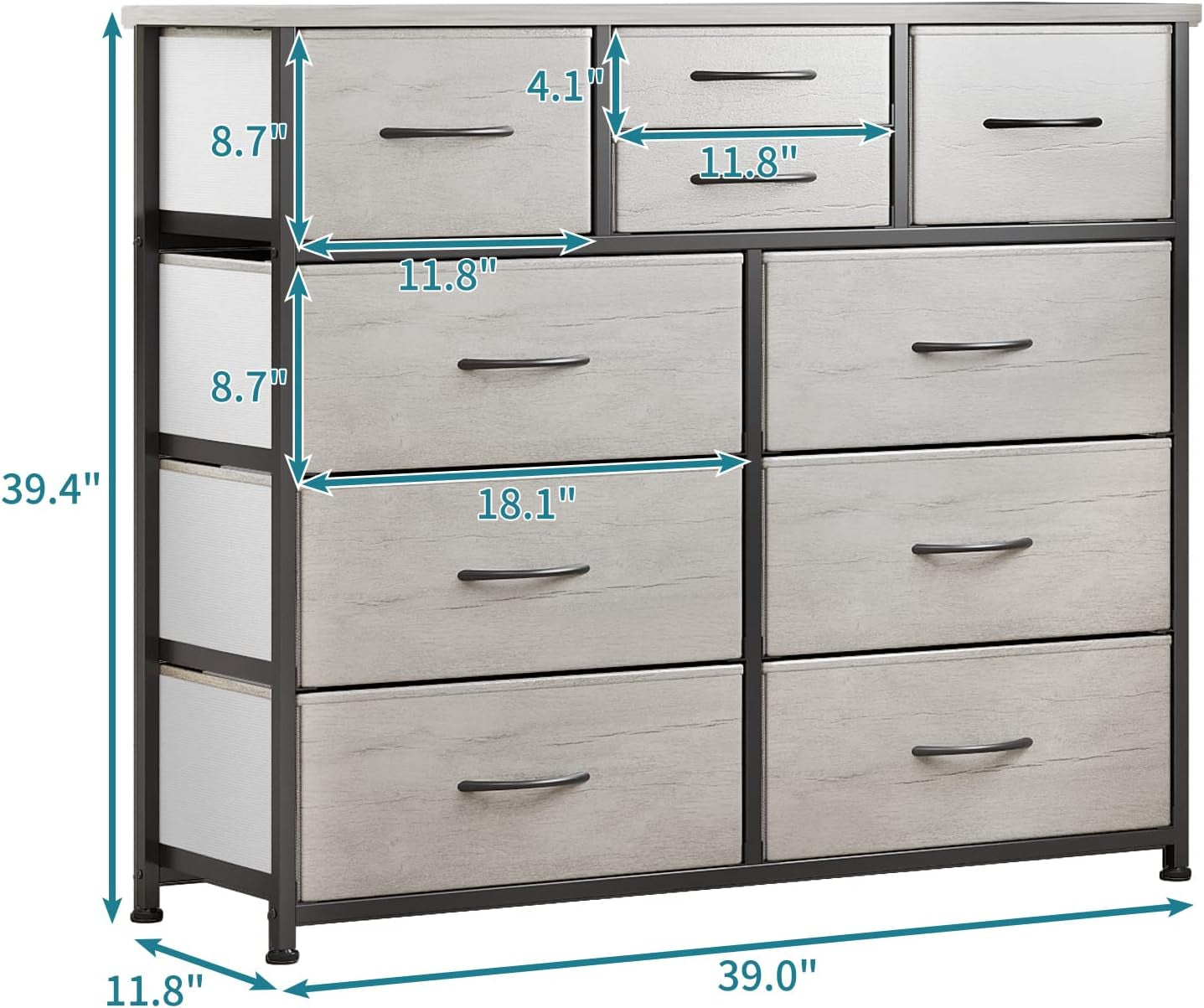 10-Drawer Dresser, Fabric Storage Dresser Drawers for Bedroom, Hallway, Nursery, Closets, Steel Frame, Wood Top, Easy Pull Handle (Greige)