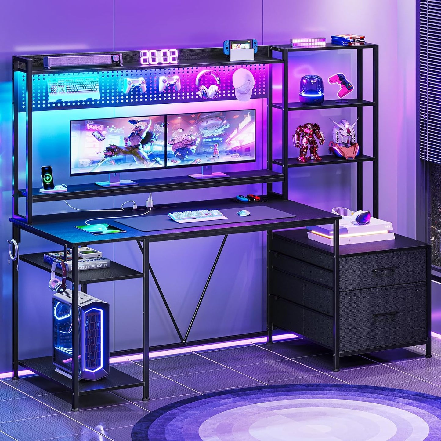 Gaming Desk with Hutch, 65In Reversible Computer Desk with Power Outlets LED Light, Home Office Desk with Monitor Stand 2 Drawers 4 Storage Shelves Pegboard 8 Hooks Mouse Pad (Black)