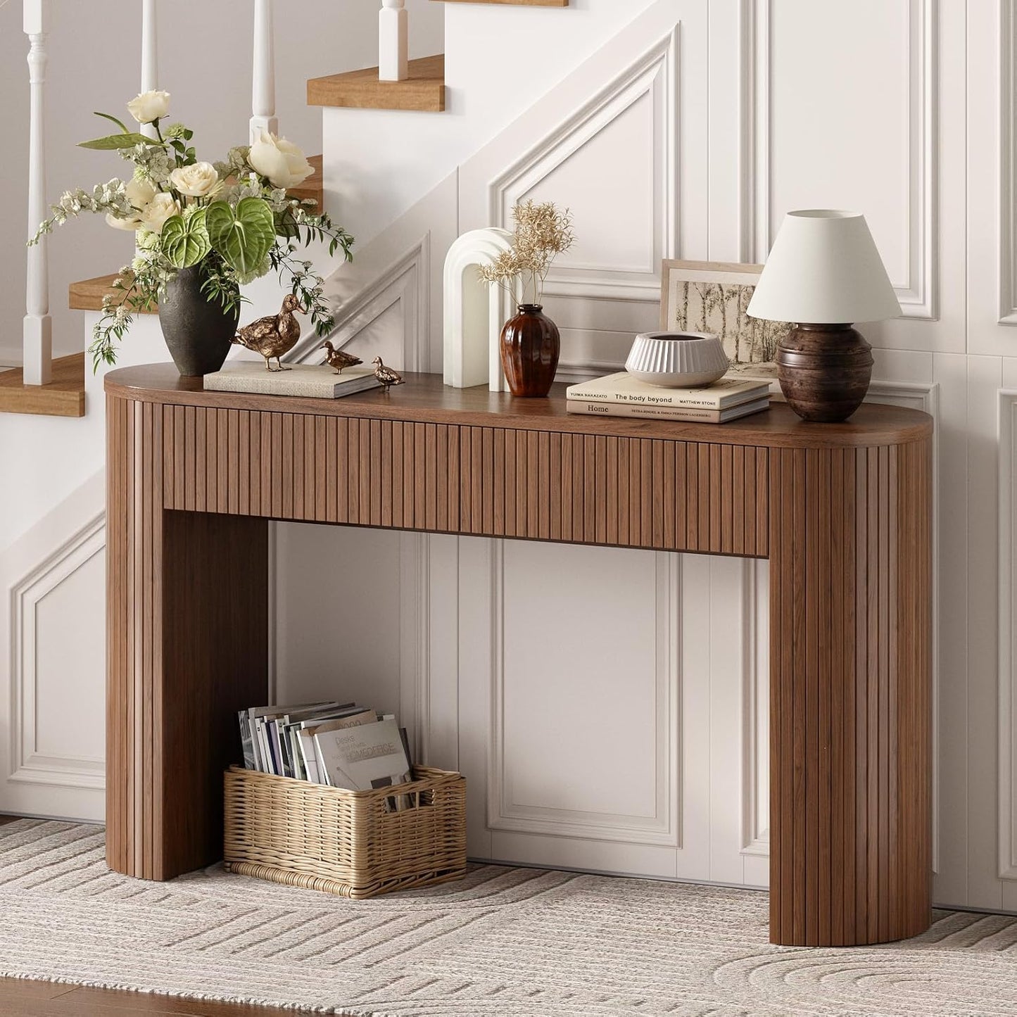 55 Inch Console Table with 2 Drawers, Fluted Entryway Tables with Storage, Sofa Table behind the Couch, Hallway Tables, Mid-Century Modern Foyer Table for Entryway, Hallway, Living Room, Black