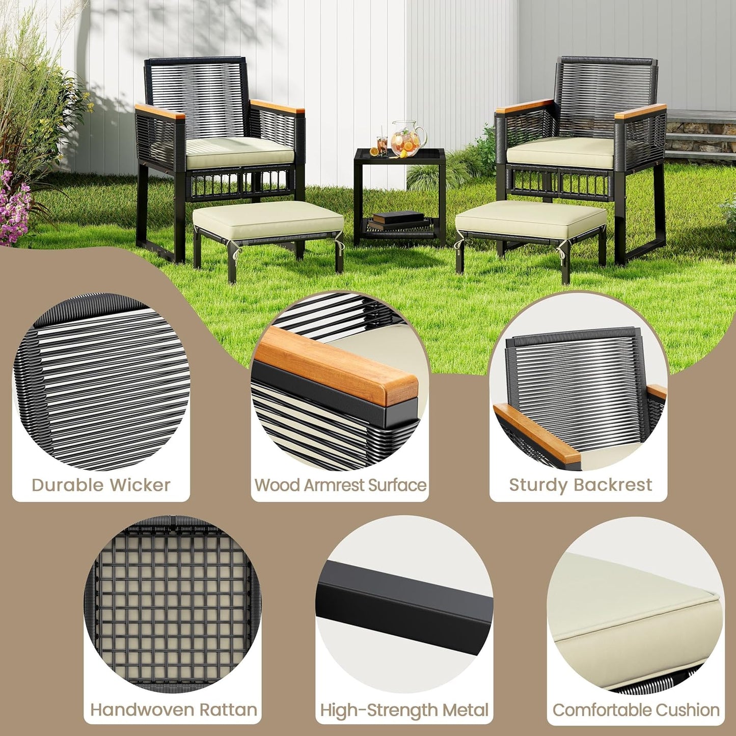 5-Piece Outdoor Conversation Set, Wicker Rattan Patio Furniture Set W/Rattan Armchairs, 2-Layer Side Table, Ottomans, Acacia Wood Armrests & Metal Frame for Backyard, Porch, Balcony