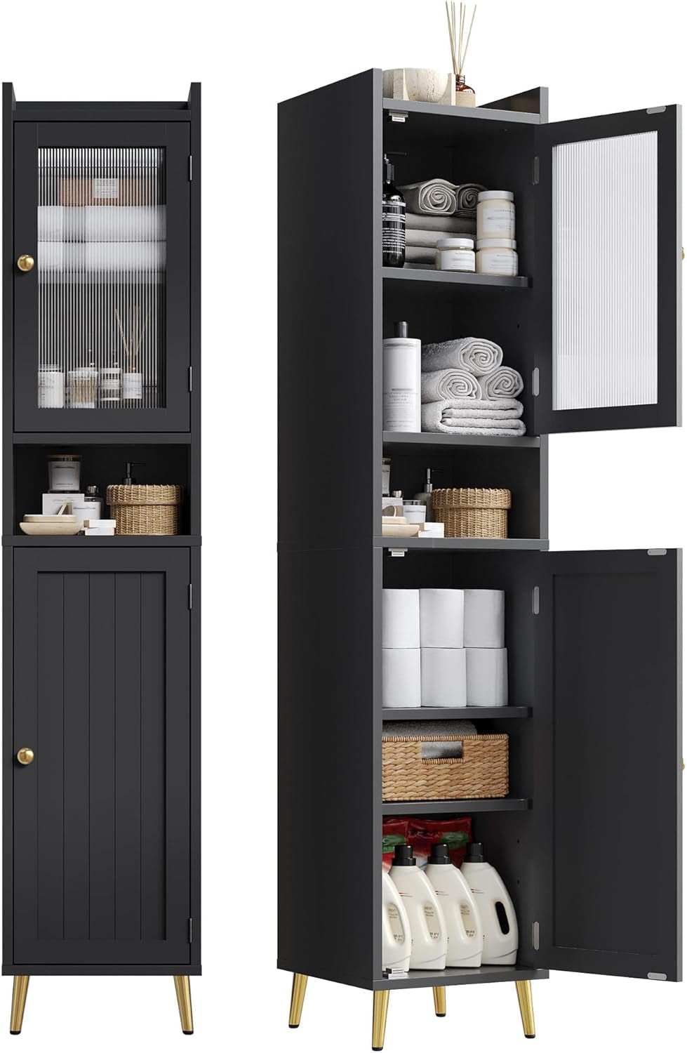 69'' Tall Bathroom Storage Cabinet with 2 Adjustable Shelves, Black 6 Tier Narrow Bathroom Cabinet with 2 Doors, Slim Linen Cabinets for Brathroom,Home Office
