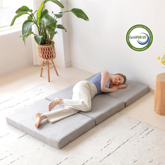Tri-Fold Memory Foam Mattress, 4 Inch Single Folding Mattress with Collapsible and Washable Cover, Travel and Guest Mat, 75"×25"×4", Grey