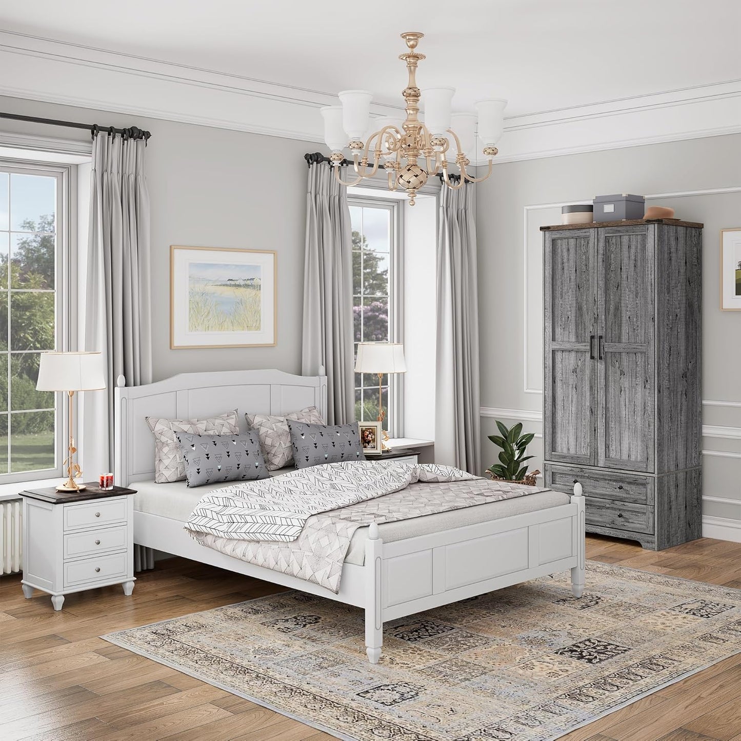 Armoire Wardrobe Closet with 2 Modern Doors, 71" Tall Freestanding Closet Wardrobe Cabinet with Drawers and Hanging Rail, Light Wooden Storage Cabinet with Shelve for Bedroom (Grey, 2 Doors)