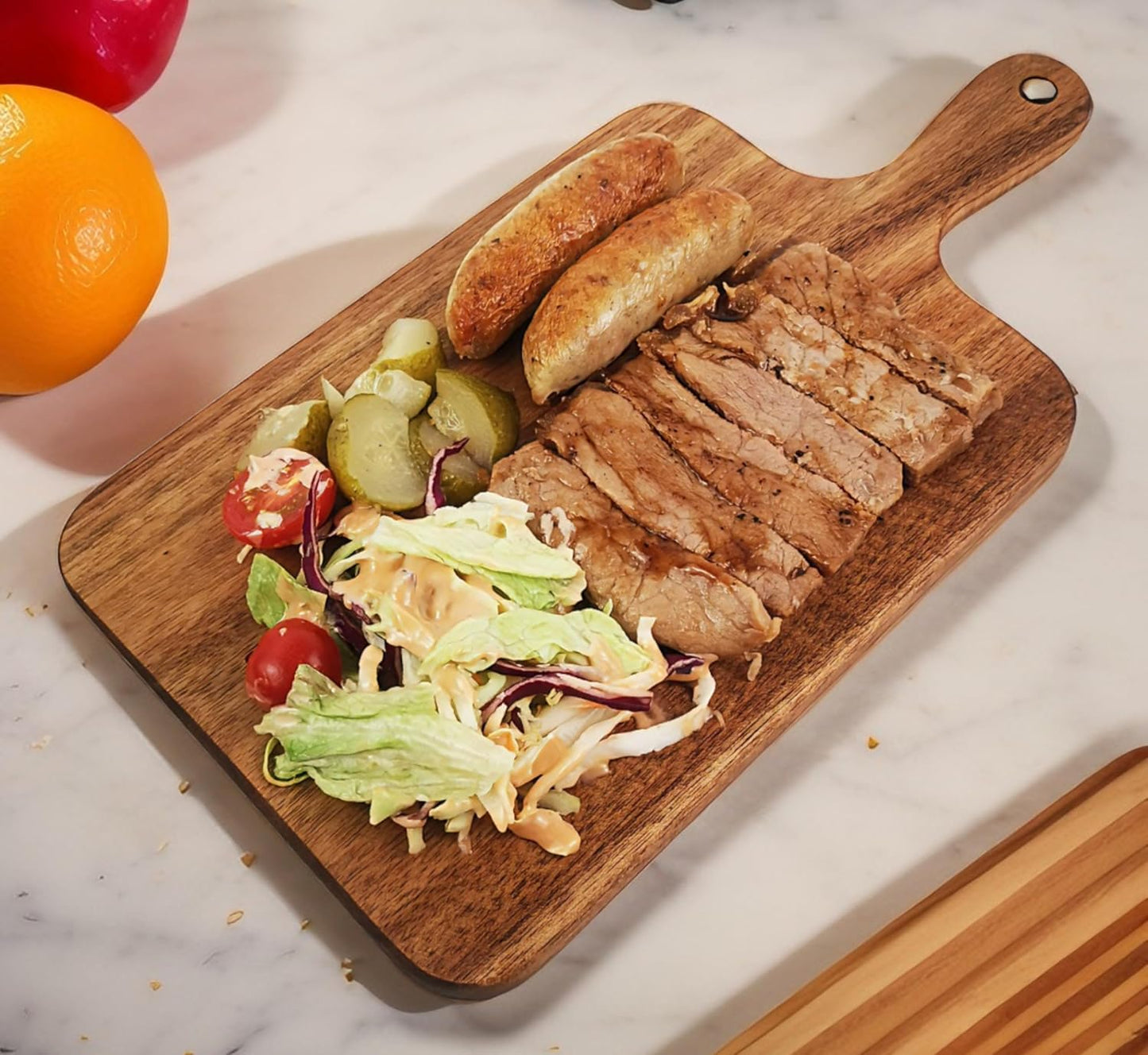 Acacia Wood Cutting Board with Handle, Wooden Cutting Boards, Chopping Board, Charcuterie Board, Serving Board for Cheese, Bread, Pizza, Vegetables & Fruits (1, 13.8"L X 7"W)