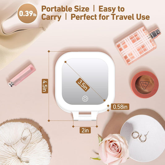 Travel Mirror with Light, Compact Mirrors, 1X/30X Magnifying Mirror with 3 Color Lights and Adjustable Brightness, 4.5X3.9 Inch Small Compact Hangable Hand Pocket Mirrors, Comes with Tweezer