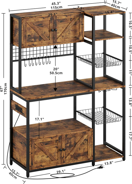 Bakers Rack with 2 Storage Cabinets and Power Outlet, 45.3 Inch Industrial Coffee Bar Cabinet Shelves, Kitchen Microwave Stand with Storage, Vintage Brown