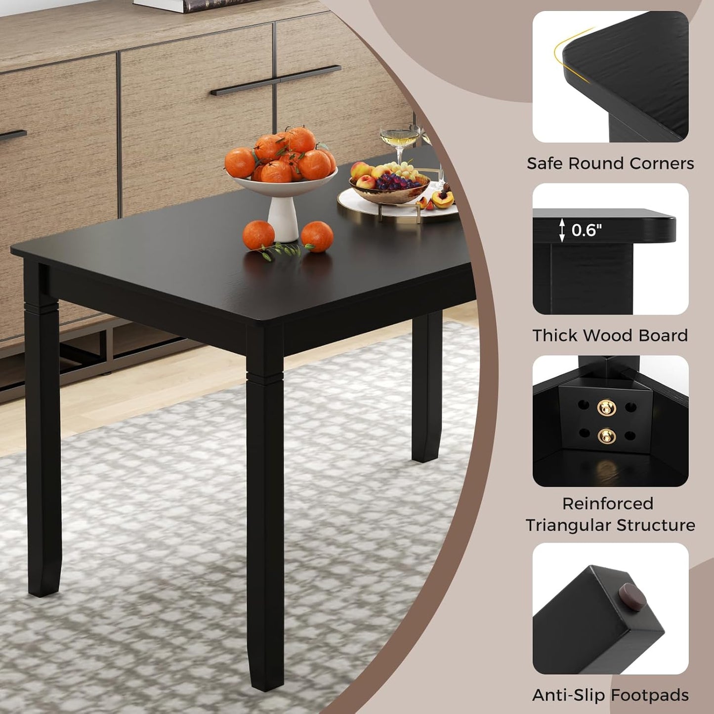 Dining Table for 4 People, 48"X 29" Kitchen Table with Wood Legs, Load 330 Lbs, Rectangular Dinner Table for Small Space, Dinette, Breakfast Nook, Apartment, Living Room, Dining Room (Black)