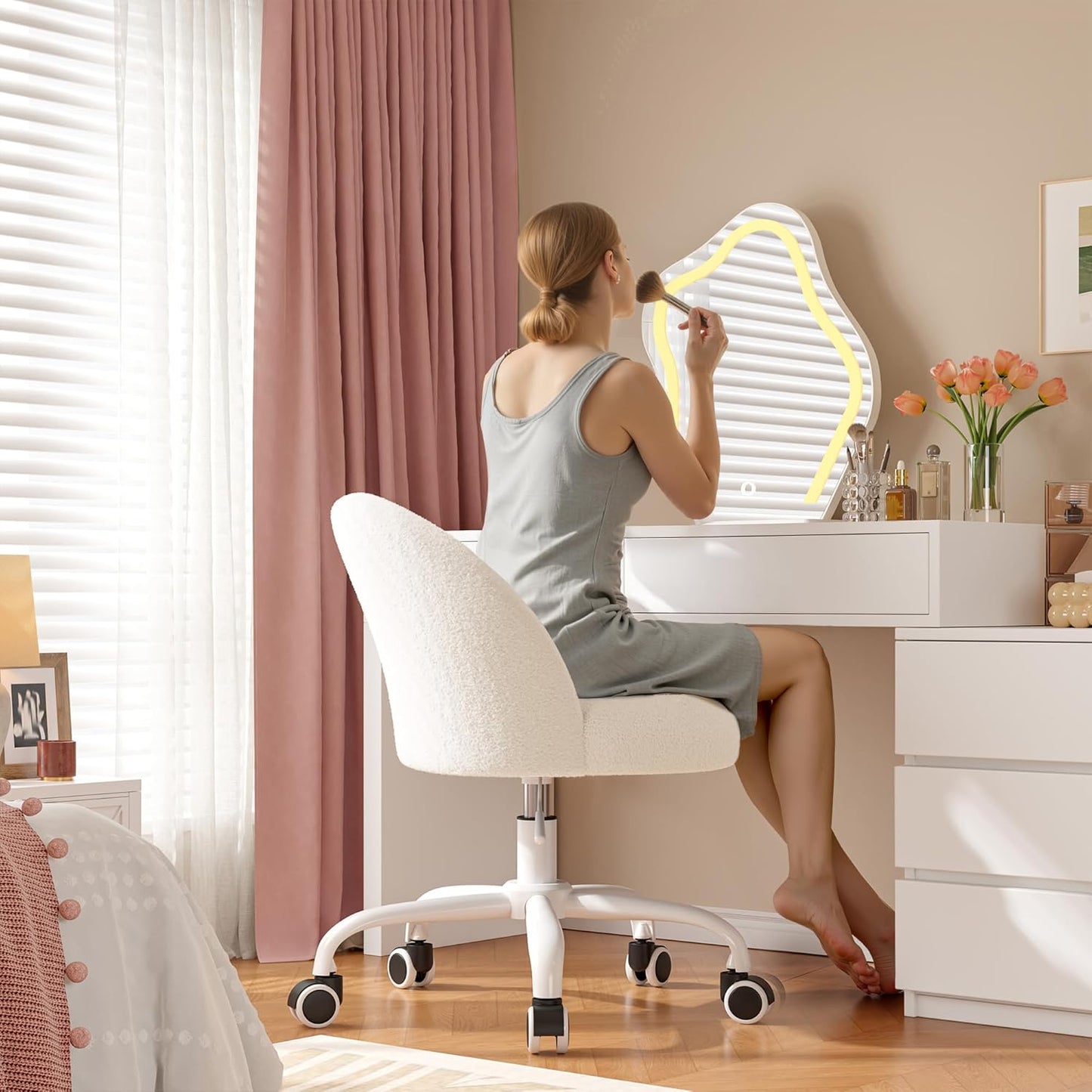 White Vanity Chair with Back, Cute Desk Chair with Wheels, Armless Office Chair Height Adjustable, Soft Lumbar Support for Small Space, Bedroom