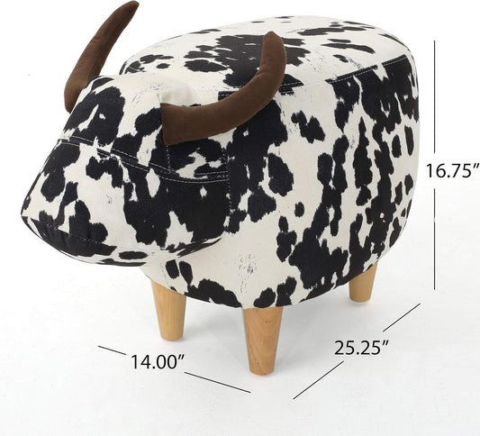 Bessie Patterned Velvet Cow Ottoman, Black and White Cow Hide / Natural