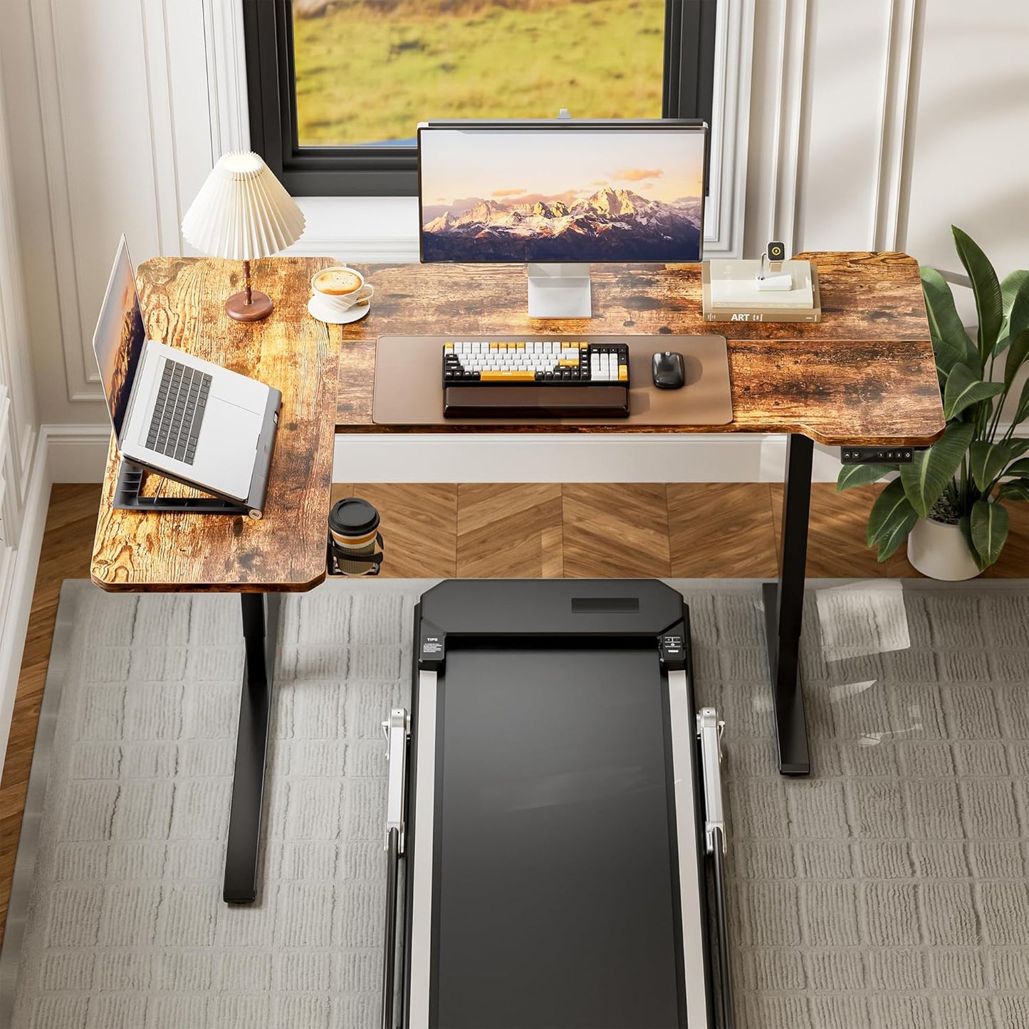 59 Inch L Shaped Standing Desk Electric Adjustable Height, Corner Standing Desk, Electric Sit Stand Table with Reversible Splice Boards for Computer Office Home (Rustic Brown)
