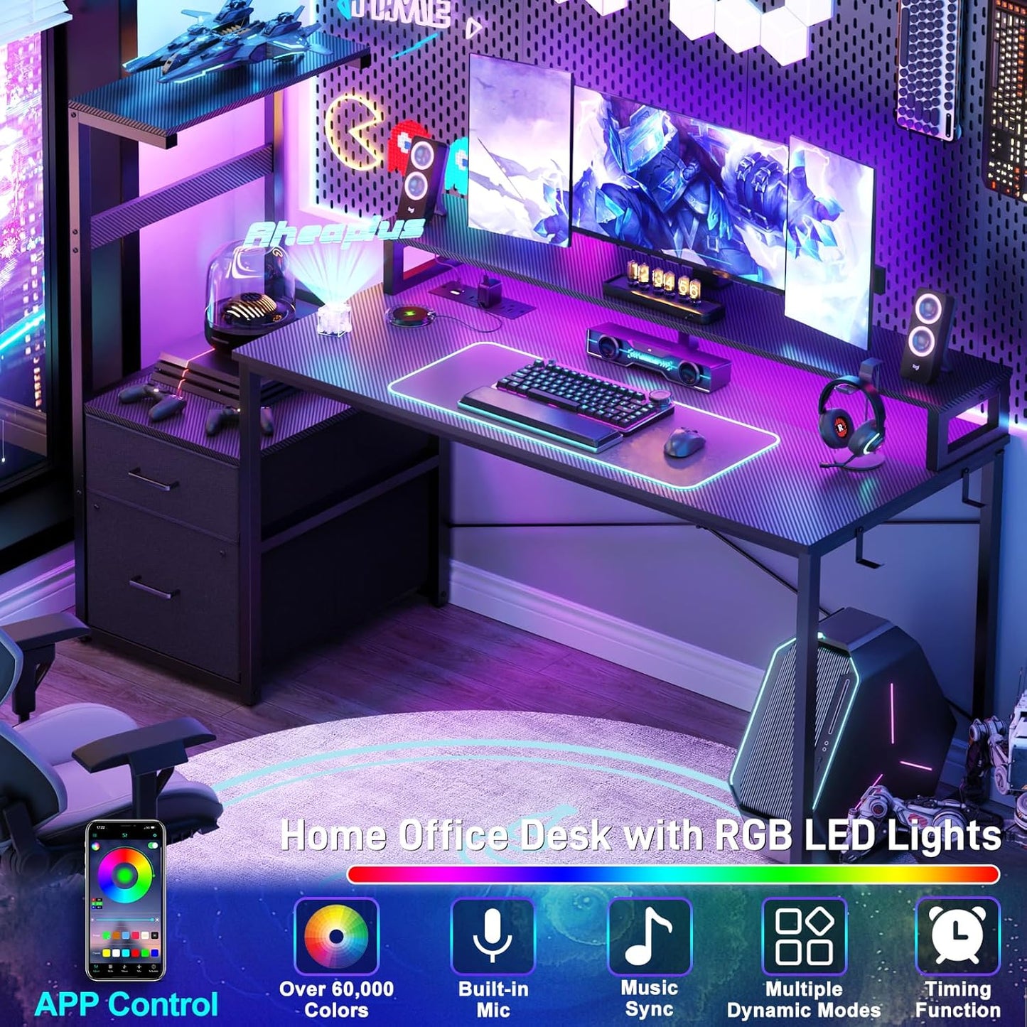 Gaming Desk with LED Strip & Power Outlet, 59Inch Reversible Computer Desk with Monitor Stand & Storage Shelves, Home Office Desks with Fabric File Drawer, PC Gamer Table, Carbon Fiber Black