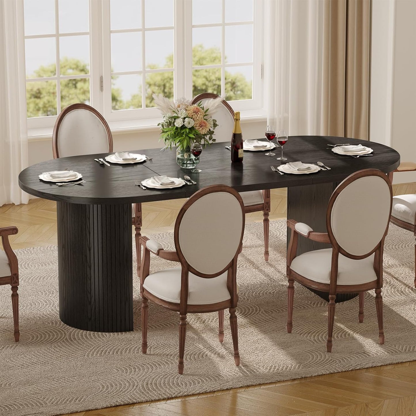 70.8 Inch Dining Table for 4-8, Oval Dining Room Table with Curved Fluted Wood Strip Base, Mid-Century Modern Kitchen Tables with Footpads, Dinner Tables for Living Room, Dining Room, Black