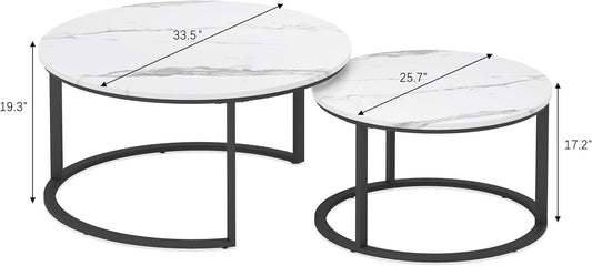 round Coffee Table Nesting Tables Set of 2, Large : Ø 33.5", Small : Ø 25.7", Modern Design Coffee Tables for Living Room, Metal Frame Circle Cocktail Table, High Glossy Faux White Marble
