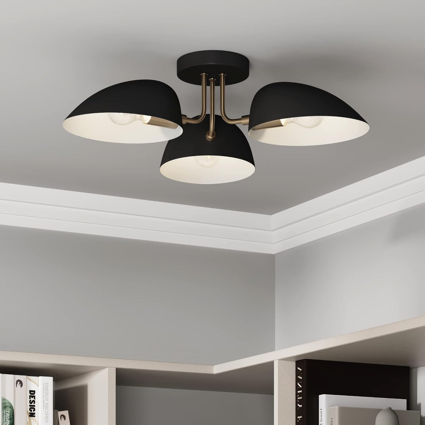 Argo Semi Mount Flush Ceiling Light, 3-Lights Modern Retro Lighting with Black Rounded Shades for Hallway, Dining Room and Bedroom, Brass Gold/Black