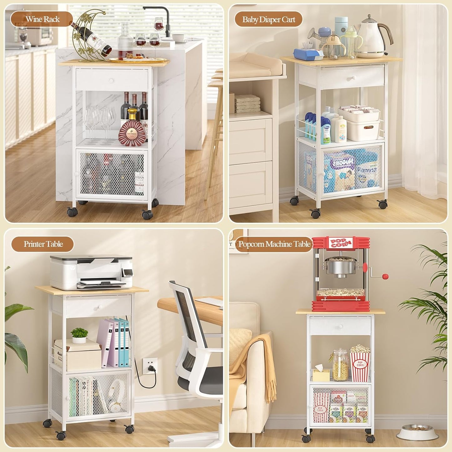 4 Tier Kitchen Island with Cabinet, Microwave Cart with Storage, Small Rolling Kitchen Cart with Drawer, Coffee Bar Station on Wheels for Living Room, White