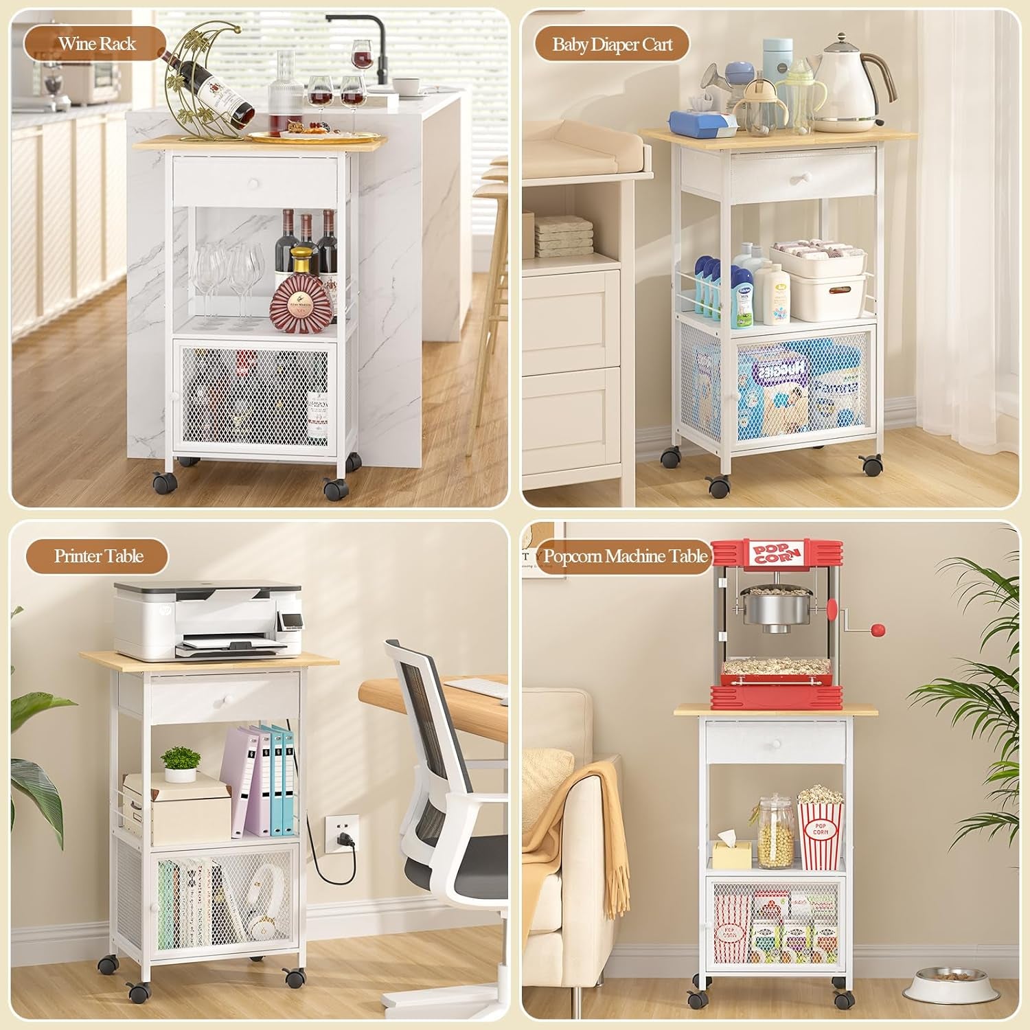 4 Tier Kitchen Island with Cabinet, Microwave Cart with Storage, Small Rolling Kitchen Cart with Drawer, Coffee Bar Station on Wheels for Living Room, White