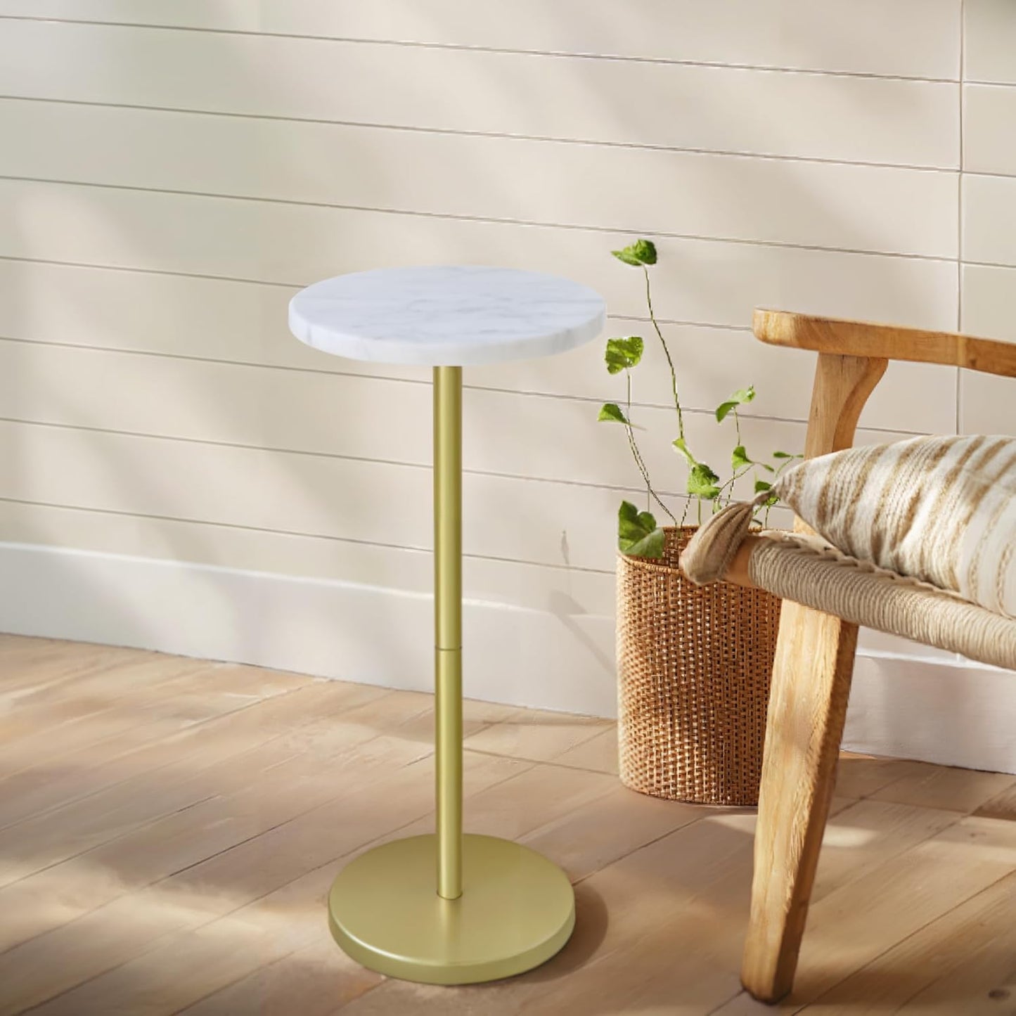 Nature Marble Drink Table, Pedestal Table, Small round Side Table, Martini Table for Living Room, Bathroom, Small Space (White)