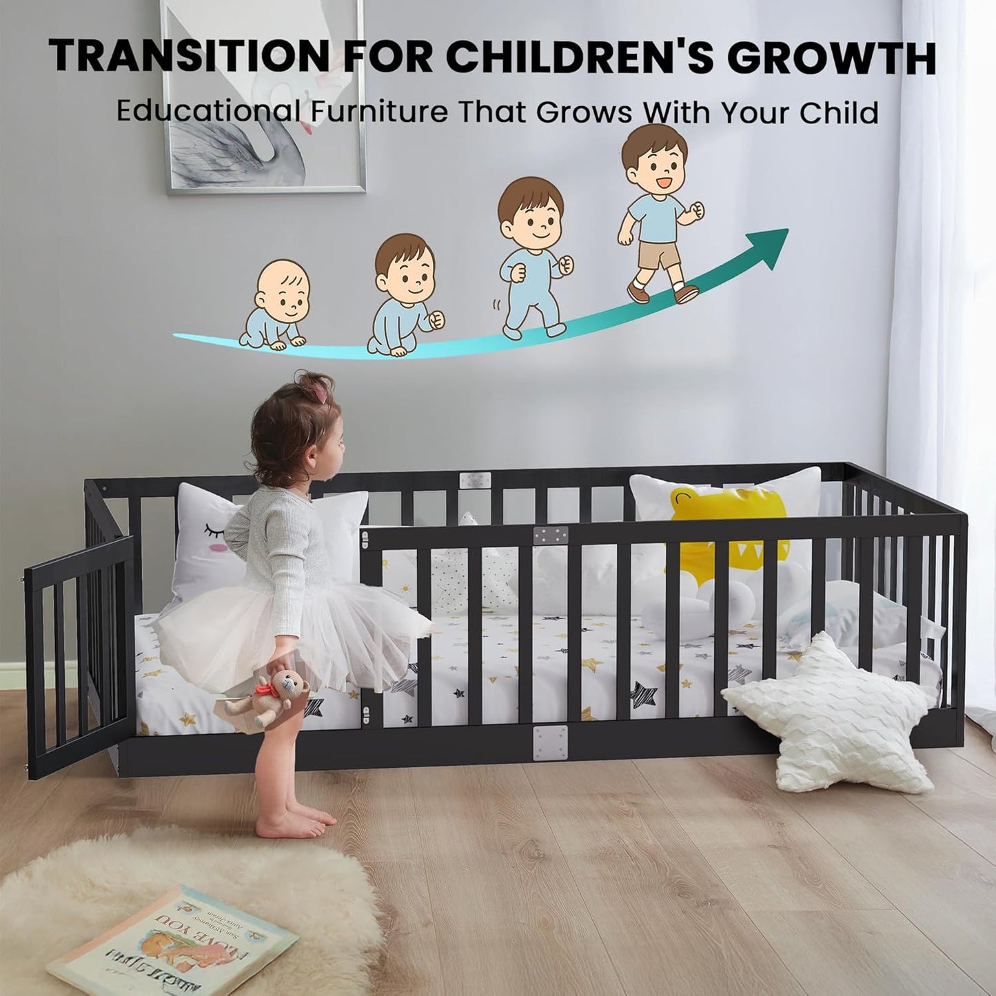 Twin Size Floor Bed for Kids Wooden Toddler Floor Bed Frame Safe Comfortable Baby Floor Bed for Children,Black,40.9"*77.5"(Mattress Not Included)