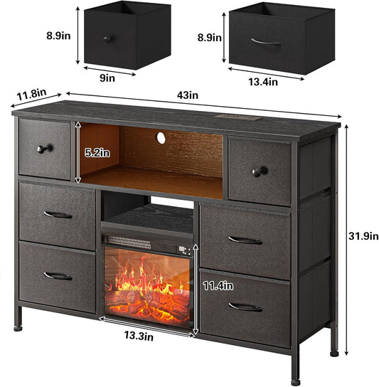 TV Stand with Fireplace, Entertainment Center with Power Outlets and LED Lights, TV Stand Dresser for 50 Inch TV, 6 Drawers with Open Shelves, for Living Room, Black