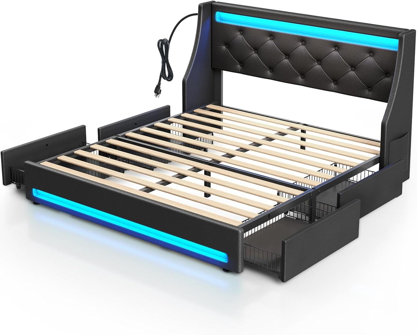 Full Bed Frame with LED Lights and Charging Station, PU Leather Bed with Drawers, Wooden Slats, Noise Free, Easy Assembly, Black
