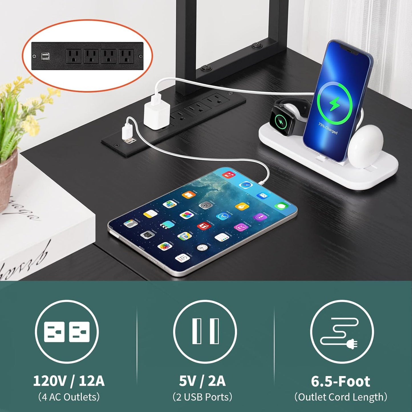 L Shaped Desk Gaming Desk with LED Strip & Power Outlet, Reversible L-Shaped Computer Desk with Storage Shelf & Drawer, Corner Desk with Storage Bag, 2 Person Home Office Desk, Black