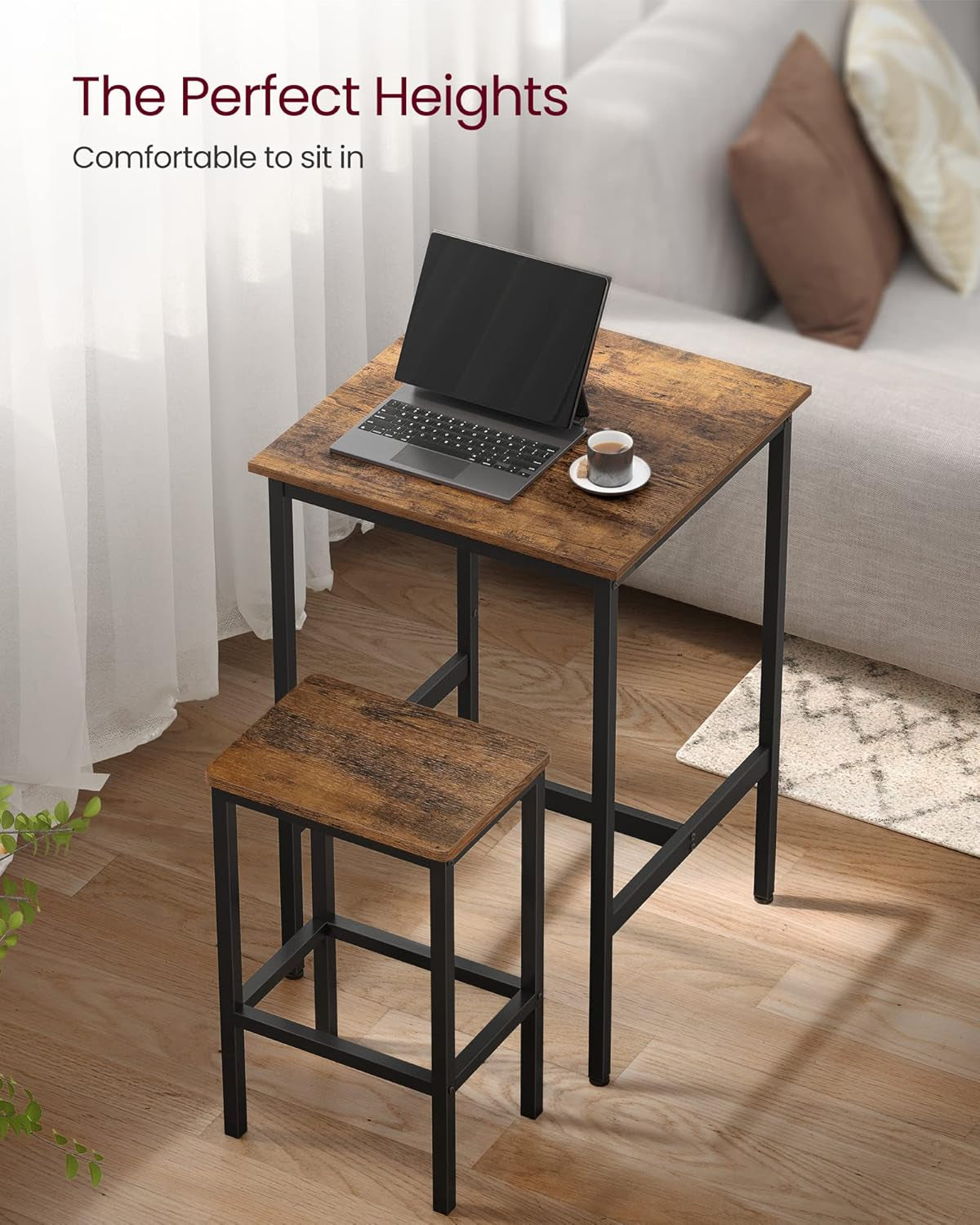 Bar Table and Chairs Set, Square Table with 2 Stools, Dining Pub Set for 2, Space Saving for Kitchen Breakfast, Living Room, Party Room, Rustic Brown and Ink Black