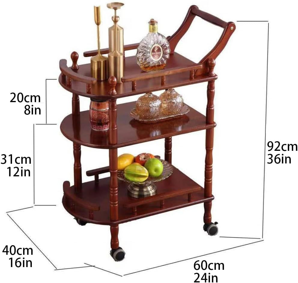 Entertainment Kitchen Cart, Midcentury Modern Imported Rubberwood Brown Finished Wood 3-Tier Mobile Bar Cart Serving Cart