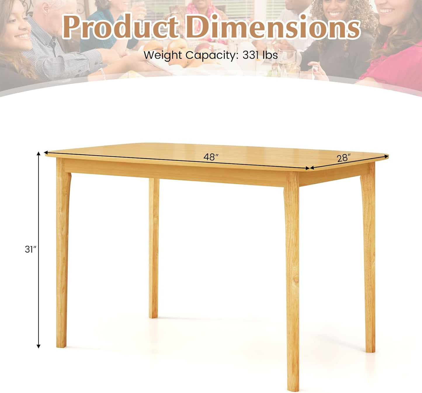 Rectangular Dining Table, Mid Century Modern Kitchen Table, Vintage Coffee Table W/Tabletop & Solid Wood Legs, Wood Farmhouse Table (Natural)