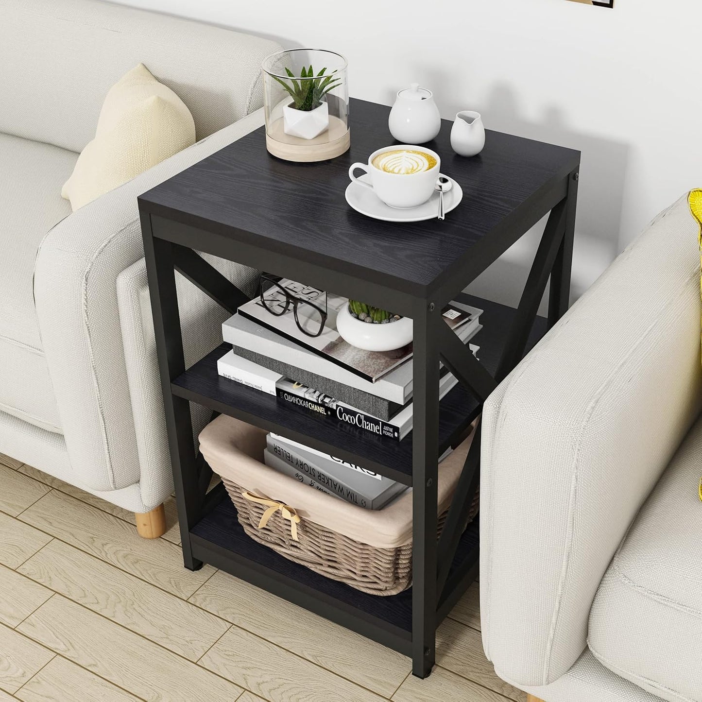 Black industrial three piece coffee and end table set with X design, view 9